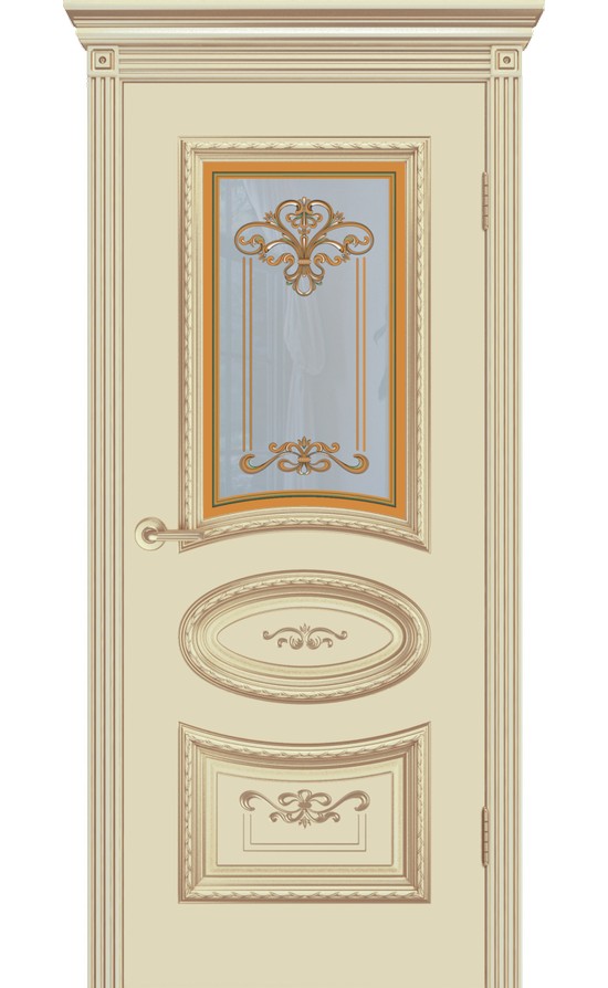 Межкомнатная дверь CordonDoor Ария R В3, эмаль слоновая кость, патина белое золото, стекло Узор 3 в Симферополе