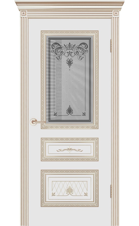 Межкомнатная дверь CordonDoor Трио Корона В3, эмаль белая, патина белое золото, стекло Узор 2 в Симферополе